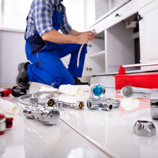 man with various plumbing tools working under sink